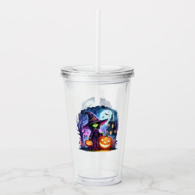 Cute Green Witch Halloween Acrylic Tumbler (Front)