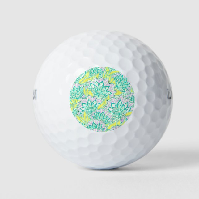 Cute green yellow floral pattern golf balls (Front)
