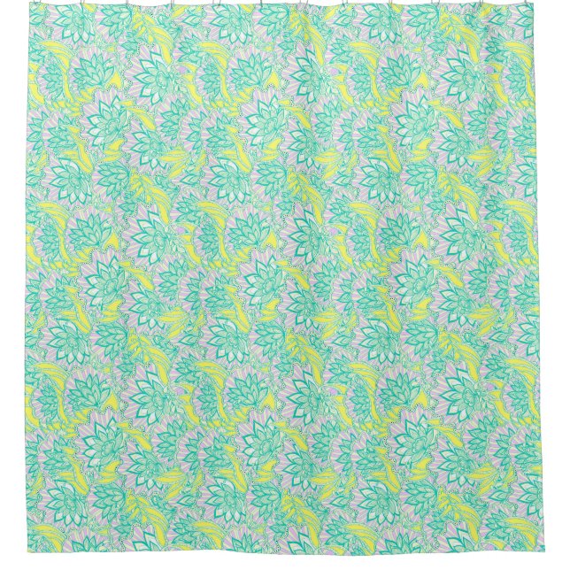 Cute green yellow floral pattern shower curtain (Front)