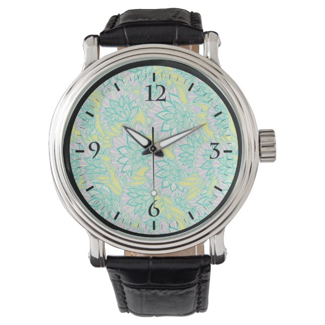 Cute green yellow floral pattern watch (Front)