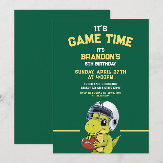 Cute Green & Yellow Football Dinosaur Birthday Invitation (Front/Back)