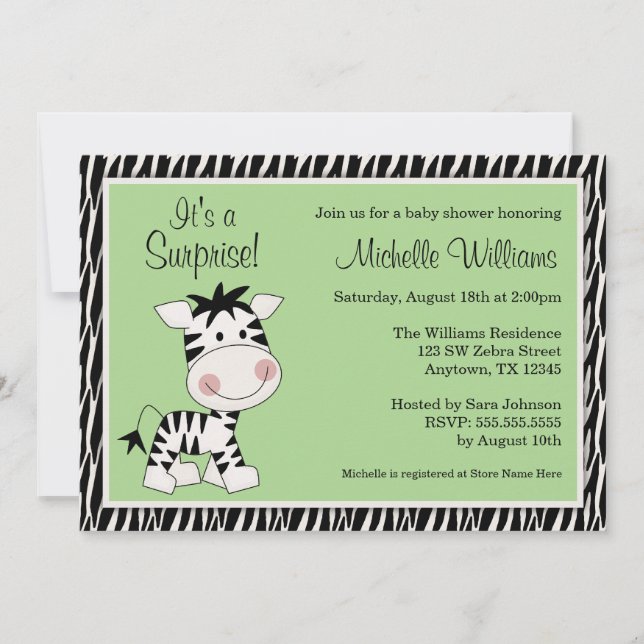 Cute Green Zebra Gender Neutral Baby Shower Invitation (Front)