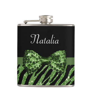 Cute Green Zebra Print FAUX Glitz Bow With Name Hip Flask