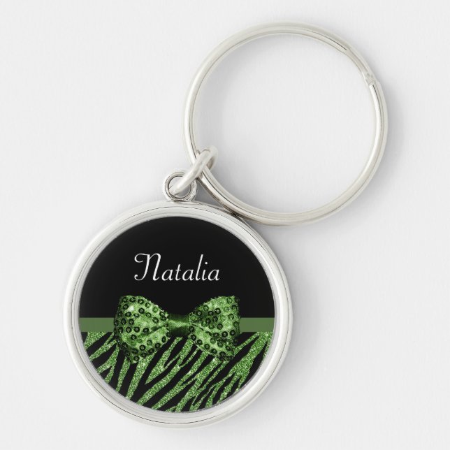 Cute Green Zebra Print FAUX Glitz Bow With Name Key Ring (Front)
