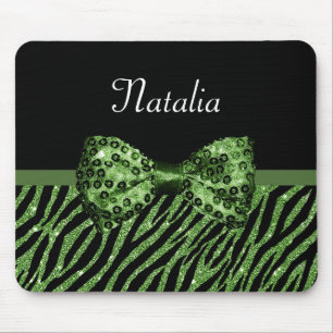 Cute Green Zebra Print FAUX Glitz Bow With Name Mouse Mat