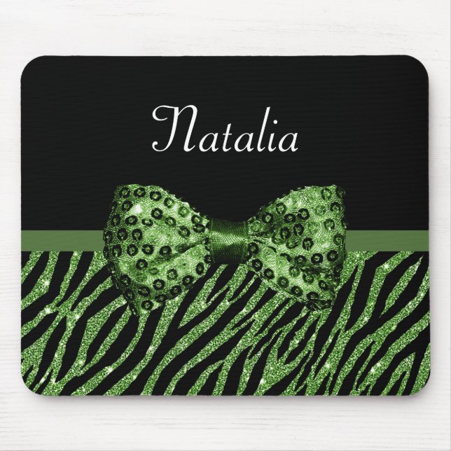 Cute Green Zebra Print FAUX Glitz Bow With Name Mouse Mat (Front)