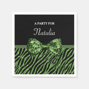 Cute Green Zebra Print FAUX Glitz Bow With Name Napkin