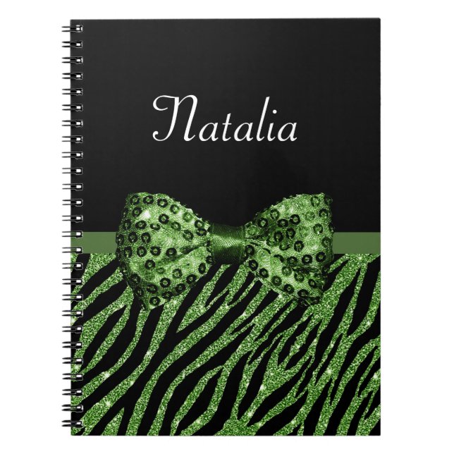 Cute Green Zebra Print FAUX Glitz Bow With Name Notebook (Front)