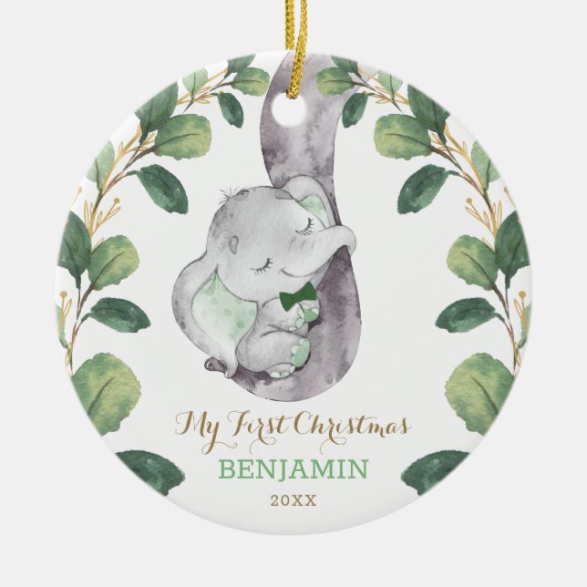 Cute Greenery Baby Elephant First Christmas Ceramic Tree Decoration (Front)