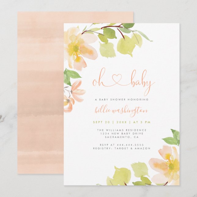 Cute Greenery Blush Pink Floral Oh Baby Shower Invitation (Front/Back)