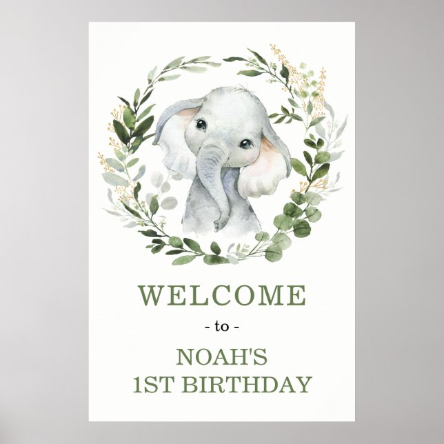 Cute Greenery Elephant Baby Shower Welcome Poster (Front)
