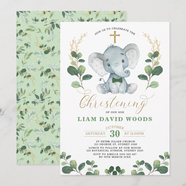 Cute Greenery Elephant Green Gold Christening Invitation (Front/Back)