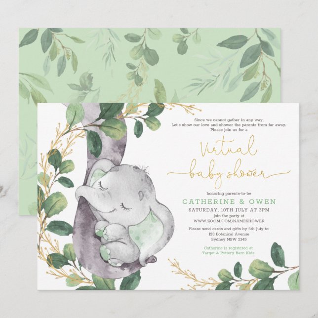 Cute Greenery Elephant Virtual Baby Shower By Mail Invitation (Front/Back)
