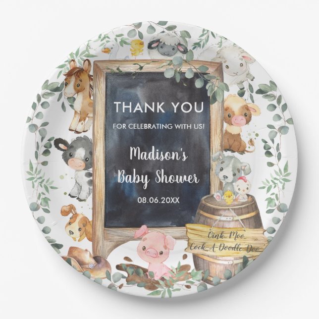 Cute Greenery Farm Animals Birthday Baby Shower  Paper Plate (Front)