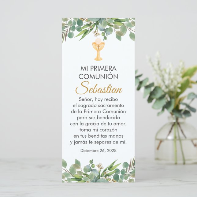 Cute Greenery  First Communion Bookmark in Spanish (Standing Front)