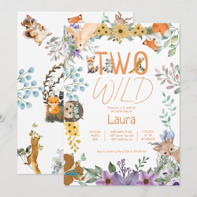 Cute greenery forest animals woodland 2nd birthday invitation (Front/Back)