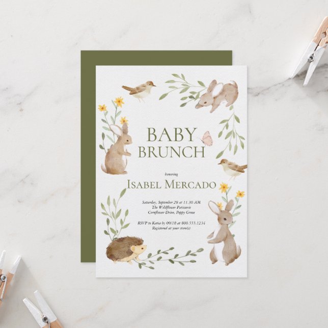 Cute greenery forest animals woodland Baby Brunch  Invitation (Front/Back In Situ)