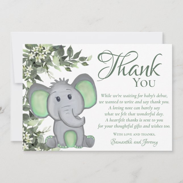Cute Greenery Gender Neutral Elephant Baby Shower  Thank You Card (Front)