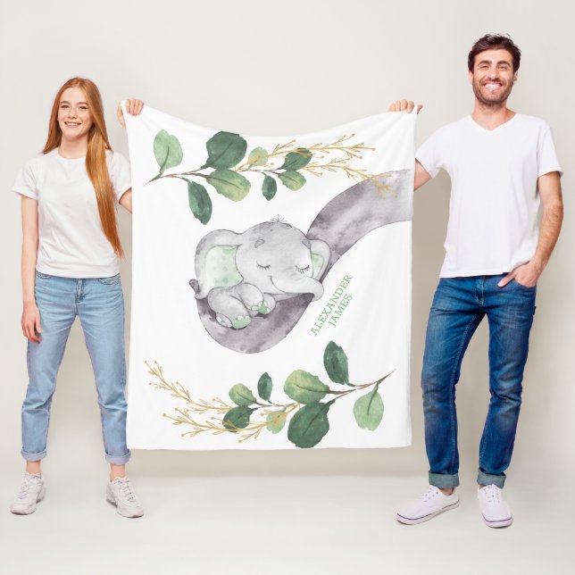Cute Greenery Gold Baby Elephant Boy Nursery Fleece Blanket (In Situ)