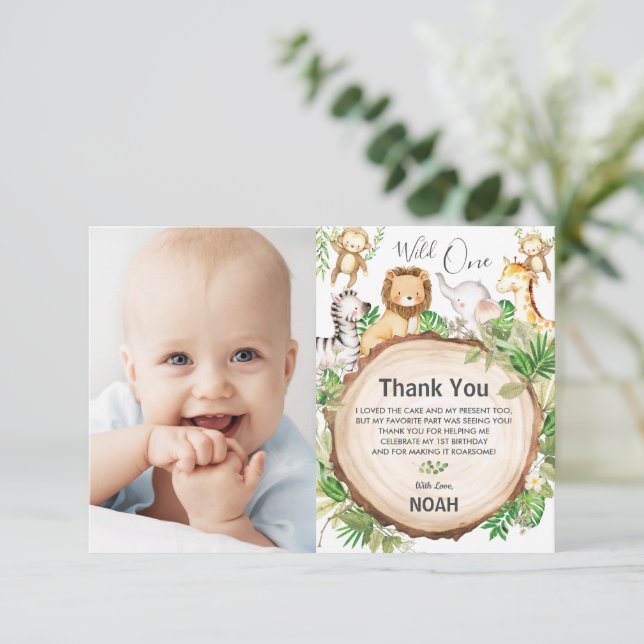 Cute Greenery Jungle Animals Birthday Party Photo Thank You Card (Standing Front)