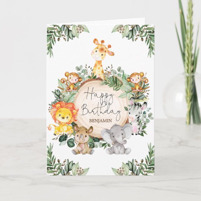 Cute Greenery Jungle Safari Animals Happy Birthday Card (Front)