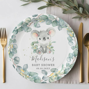 Cute Greenery Koala Baby Boy Shower Birthday Paper Plate