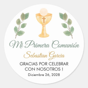 Cute Greenery Leaves in Spanish First Communion Classic Round Sticker