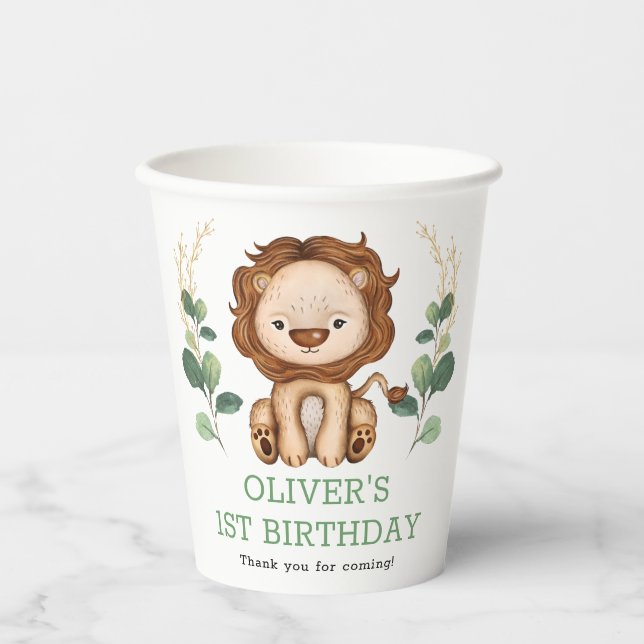 Cute Greenery Lion Wild One 1st Birthday Party Paper Cups (Front)