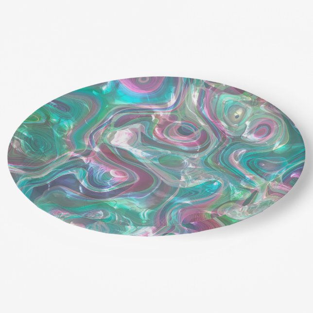 Cute Greenery Pink Blue Abstract Marble Pattern Paper Plate (Angled)