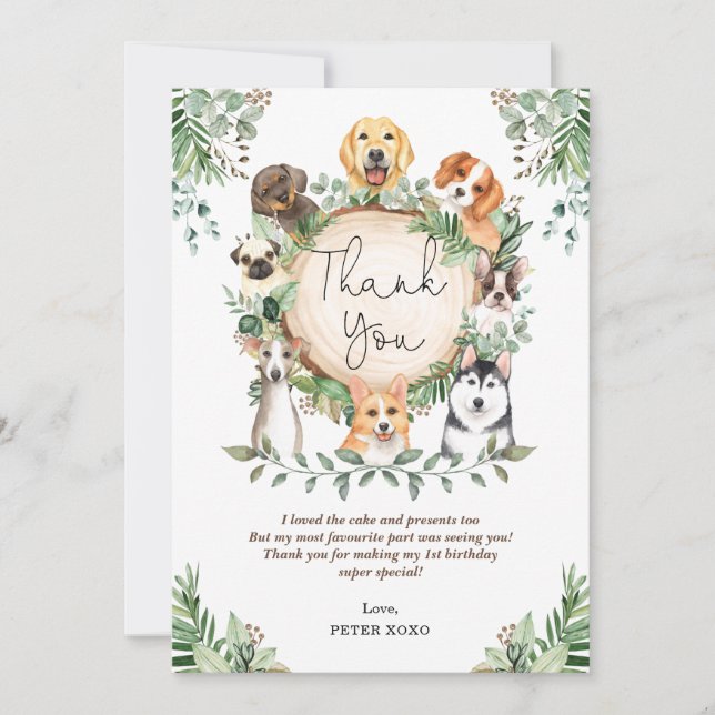 Cute Greenery Puppy Dog Birthday Thank You Card (Front)