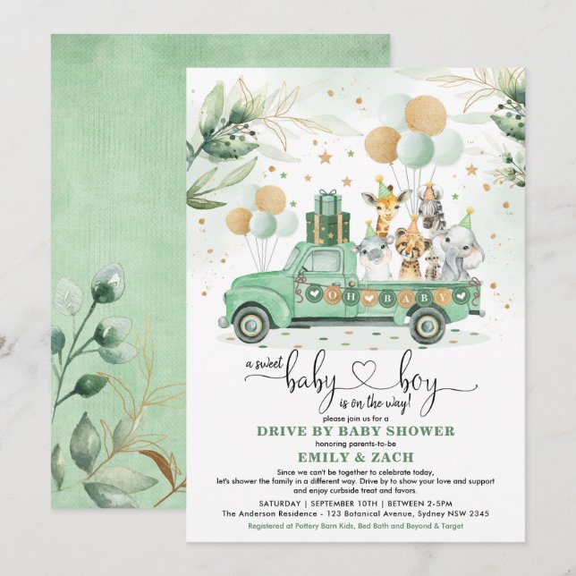 Cute Greenery Safari Drive Through Boy Baby Shower Invitation (Front/Back)