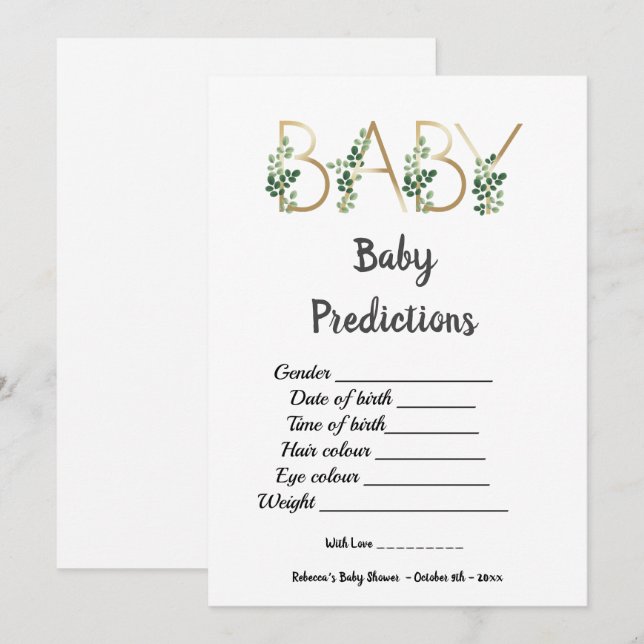 Cute Greenery Slogan Baby Shower Predictions Game  Invitation (Front/Back)