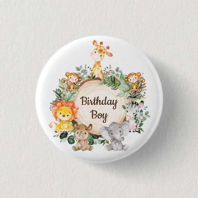 Cute Greenery Wild Safari Animals Birthday Boy 3 Cm Round Badge (Front)