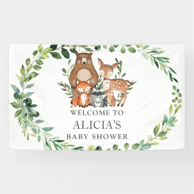 Cute Greenery Woodland Animal Baby Shower Backdrop Banner (Horizontal)