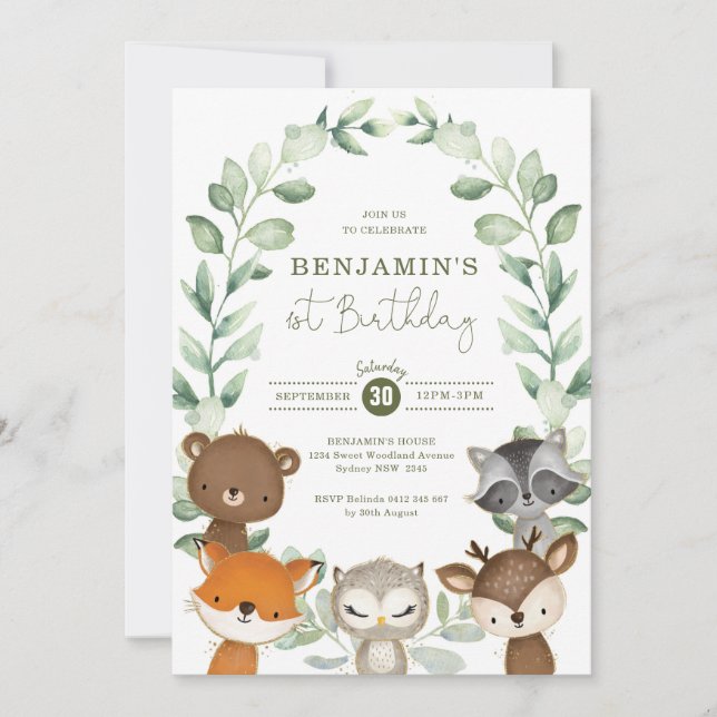 Cute Greenery Woodland Animals 1st Birthday Party Invitation (Front)