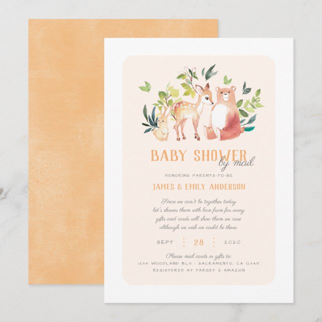 Cute Greenery Woodland Animals Baby Shower By Mail Invitation (Front/Back)