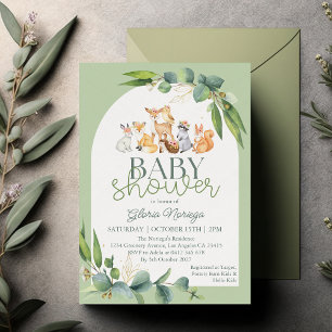 Cute Greenery Woodland Animals Baby Shower Invitation