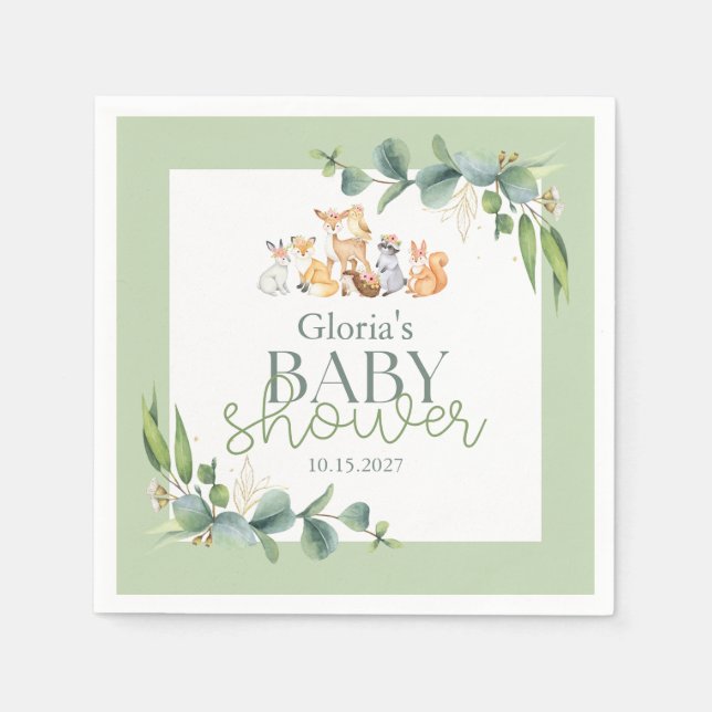 Cute Greenery Woodland Animals Baby Shower Napkin (Front)