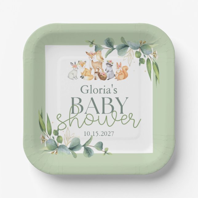 Cute Greenery Woodland Animals Baby Shower Paper Plate (Front)