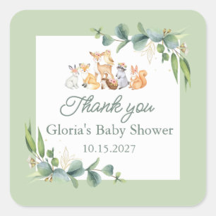 Cute Greenery Woodland Animals Baby Shower Square Sticker