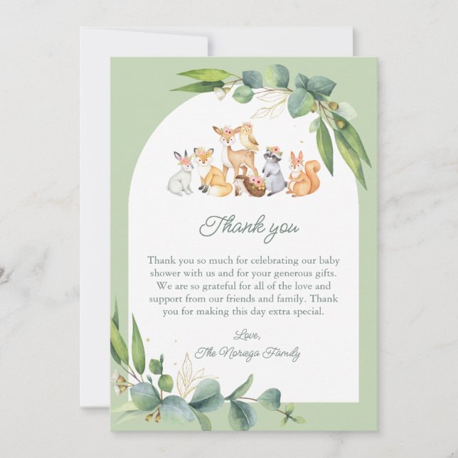 Cute Greenery Woodland Animals Baby Shower Thank You Card (Front)