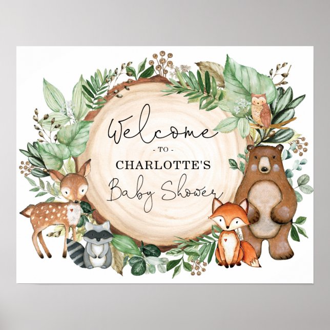 Cute Greenery Woodland Animals Baby Shower Welcome Poster (Front)