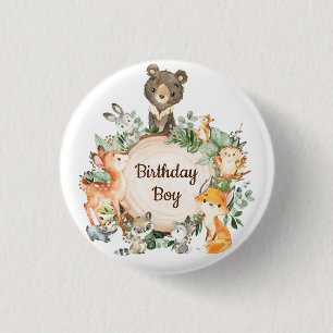 Cute Greenery Woodland Animals Birthday Boy 3 Cm Round Badge
