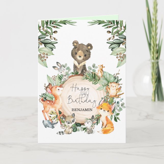 Cute Greenery Woodland Animals Happy Birthday Card (Front)
