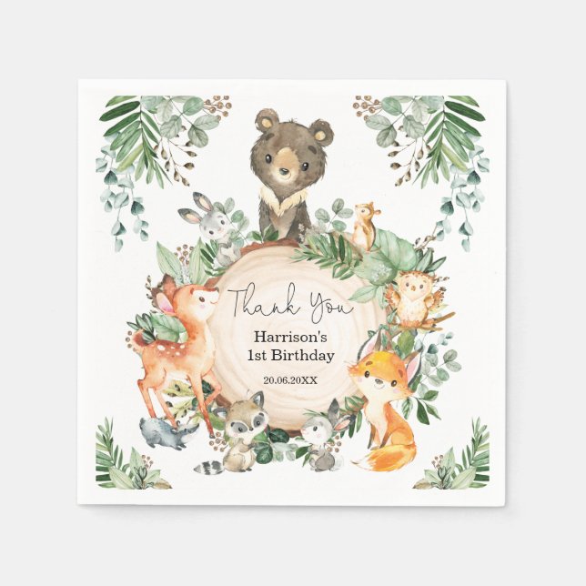 Cute Greenery Woodland Baby Wild Animals Birthday Napkin (Front)