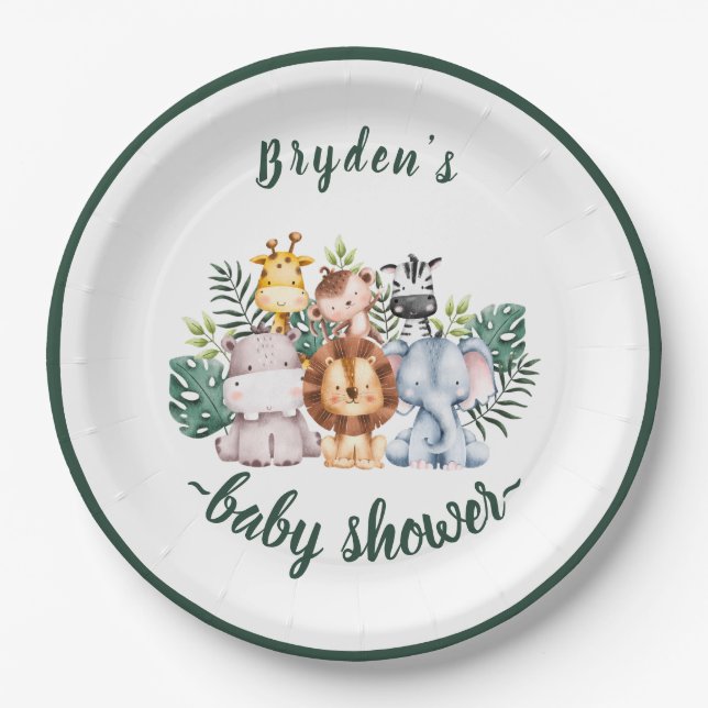 Cute Greenery Woodland Forest Animals Baby Shower Paper Plate (Front)