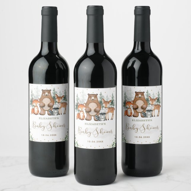 Cute Greenery Woodland Forest Animals Baby Shower Wine Label (Bottles)