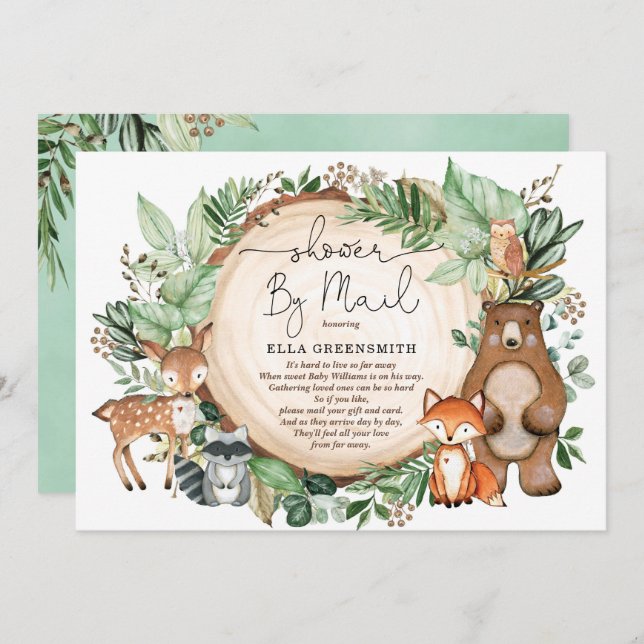 Cute Greenery Woodland Forest Baby Shower By Mail Invitation (Front/Back)