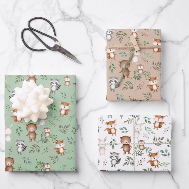 Cute Greenery Woodland Forest Party Baby Animals Wrapping Paper Sheet (Front)