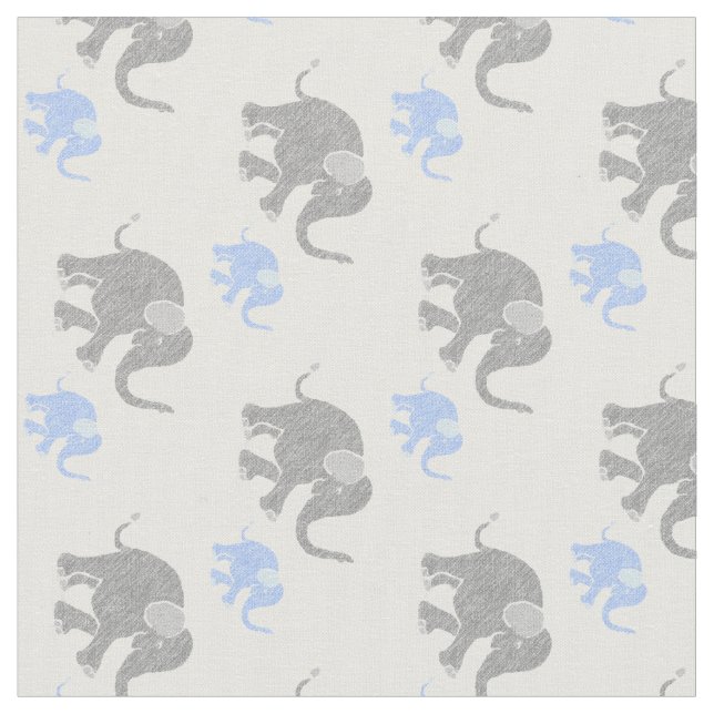 Cute Grey and Pastel Blue Baby Elephants Pattern Fabric (Close Up)